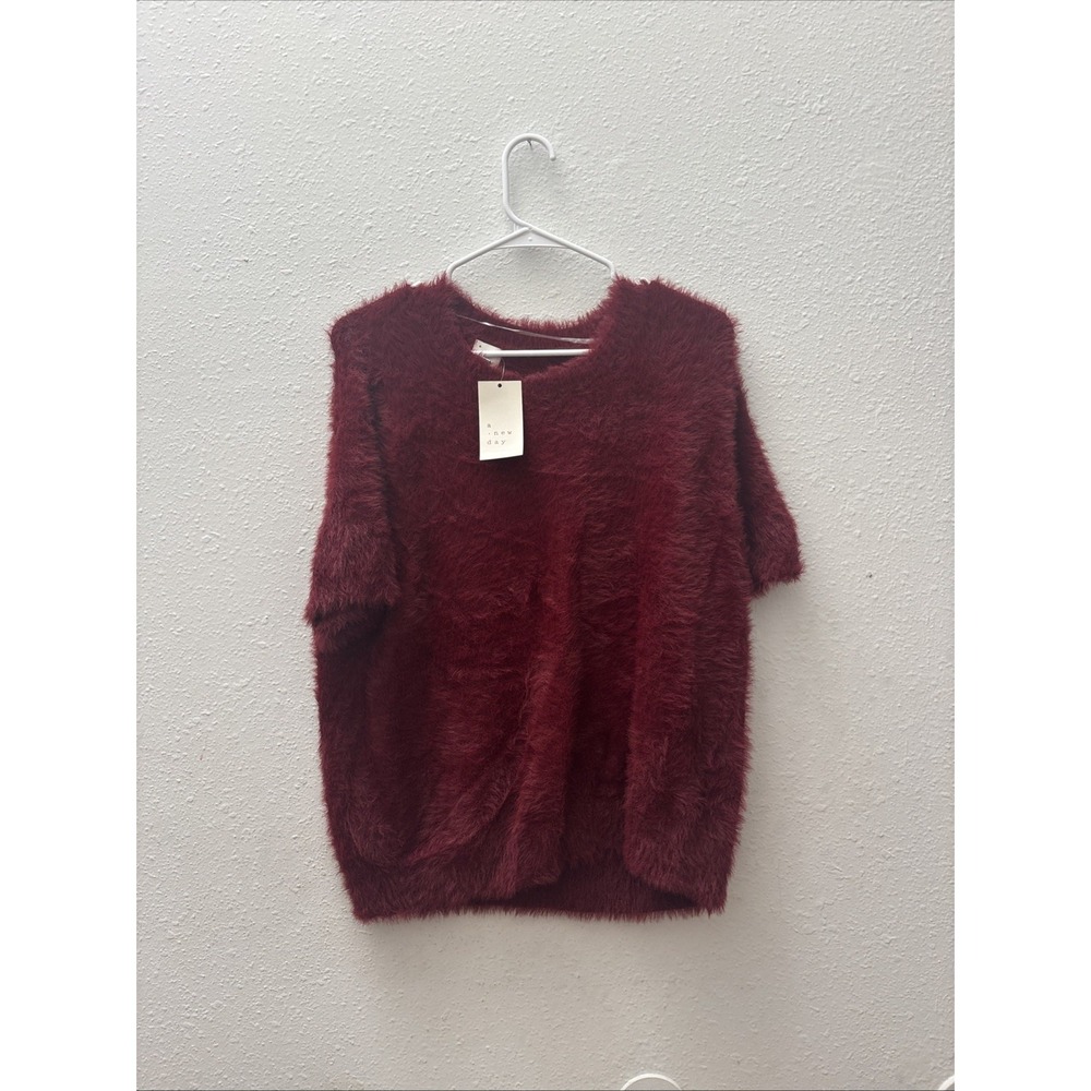 A New Day Womens Fuzzy Knit Short Sleeve Sweater Burgundy Wine Red Sz XXL NWT